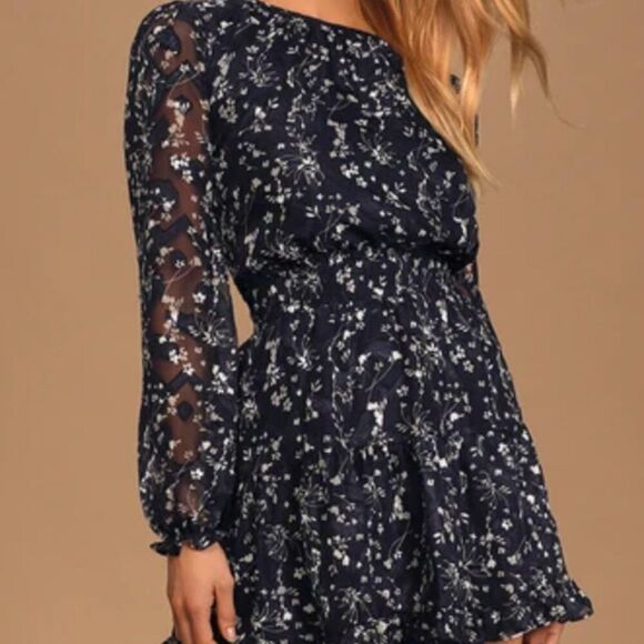 Lulus Navy Blue Floral Print Dress - Picture 1 of 6